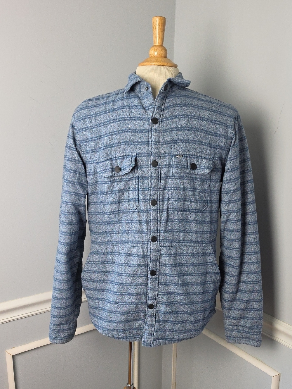 HURLEY Men's Blue Striped 100%‎ Cotton Fleece Lined Snap Shirt Jacket Shacket S
